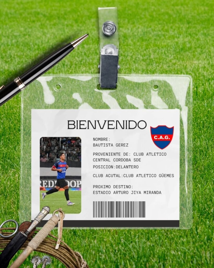 Arte digital que anuncia el fichaje del jugador Bautista Gerez por el club Güemes. El atleta aparece destacado, acompañado del escudo del club y elementos visuales de bienvenida.
